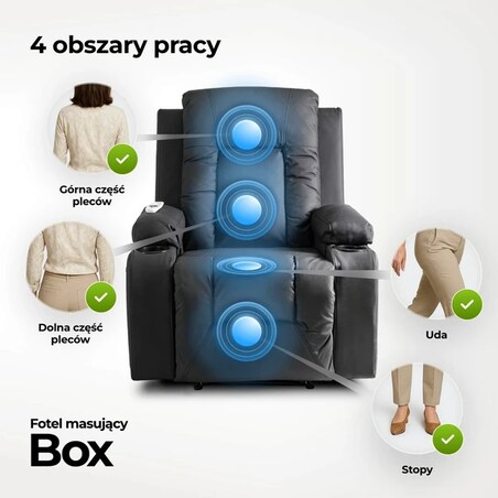 Fotel Rozkładany Wypoczynkowy Do Spania Masaż Ekoskóra BOX Czarny