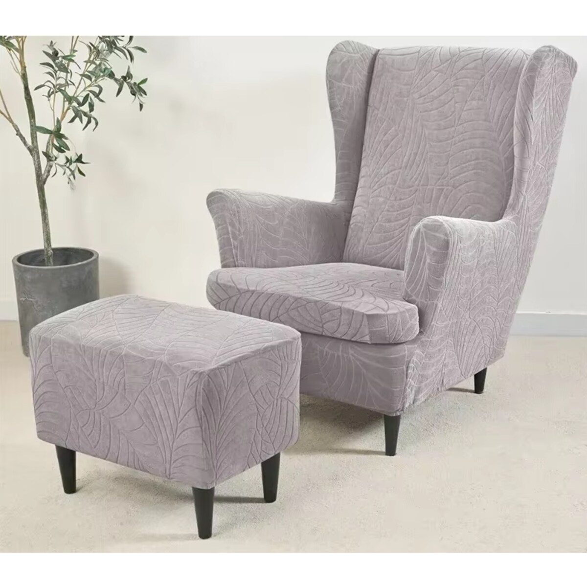 POKROWIEC NA FOTEL USZAK JASNY SZARY WELUR ŻAKARD WZORY ELASTYCZNY [30-Z3-JSZ]