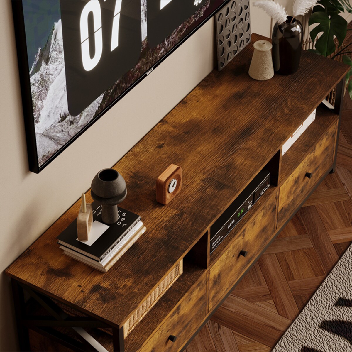 Szafka pod telewizor RTV 143 cm 3 szuflady loft vintage rustykalny brąz