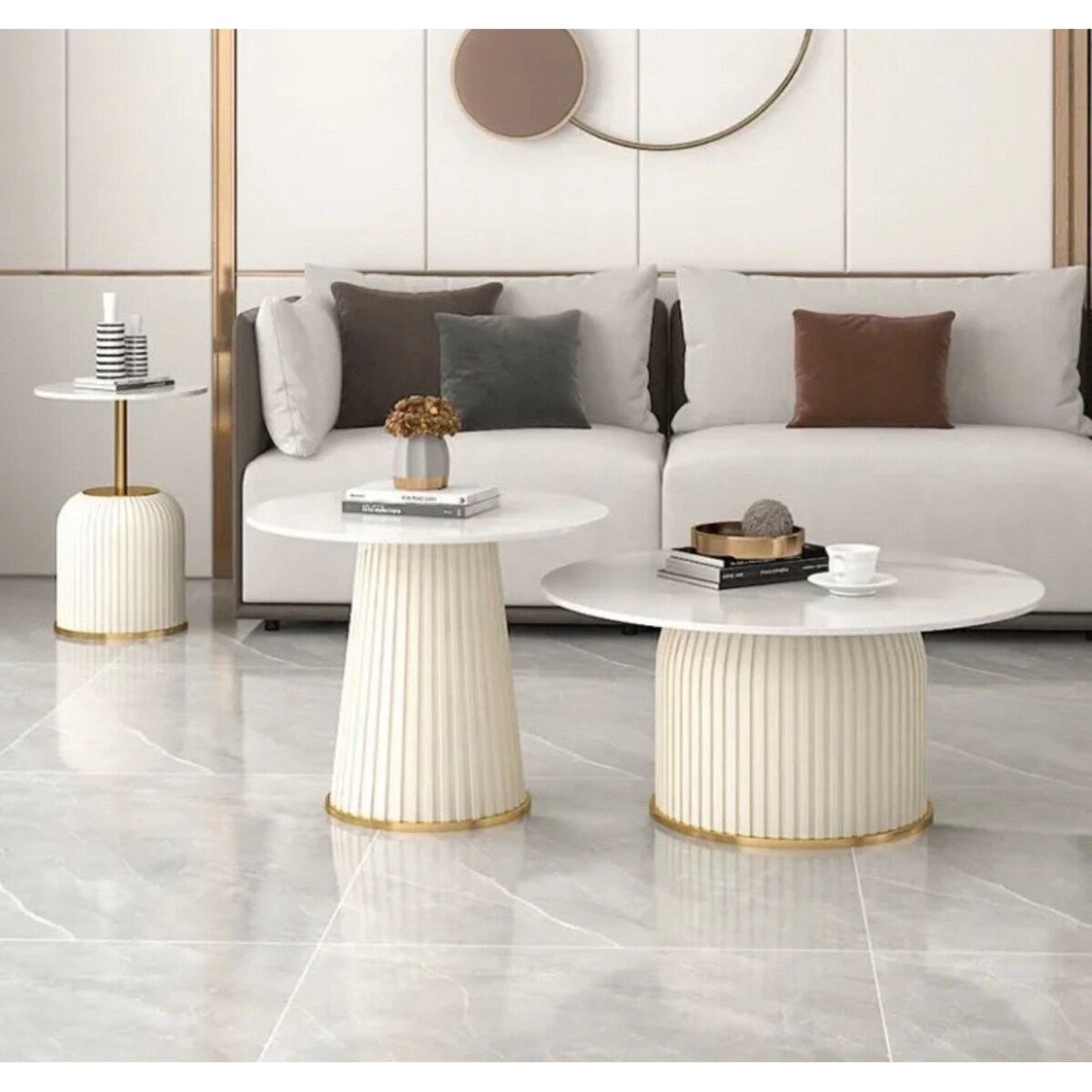 Złoty stolik kawowy plisowany Premium z kamiennym blatem Blanka 60x60x50