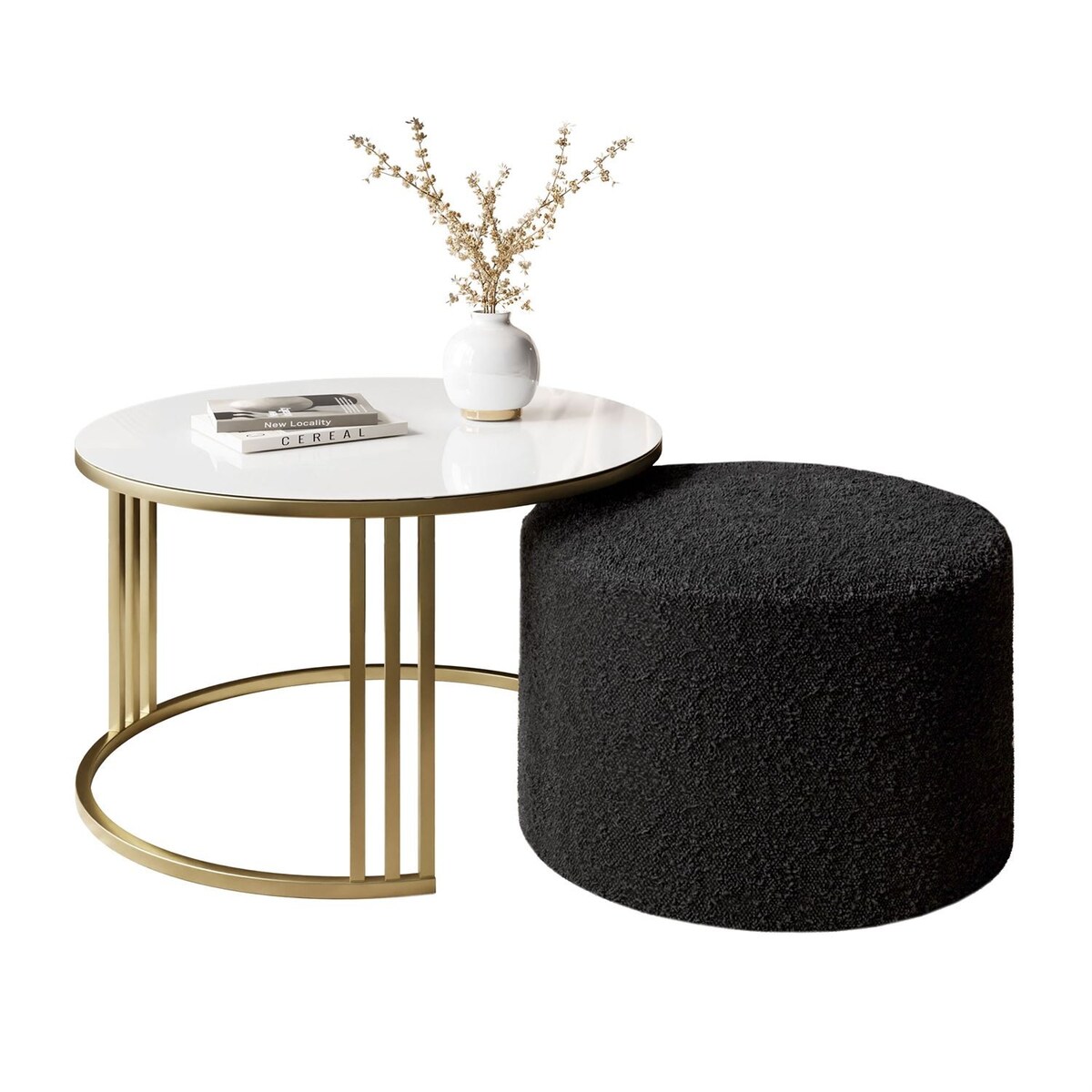 Stolik kawowy z pufą LORI GLASS złoto szczotkowane, białe szkło / Coral 60