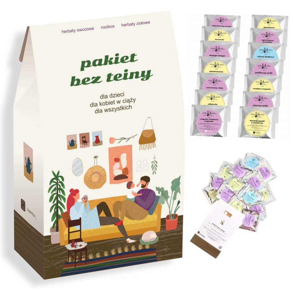 ZESTAW HERBAT "PAKIET BEZ TEINY" DLA CIĘŻARNEJ KOBIETY - MIX 14 HERBAT SYPANYCH BEZ TEINY I KOFEINY W SASZETKACH PO 5 GRAM NA PREZENT UPOMINEK DLA NIEJ