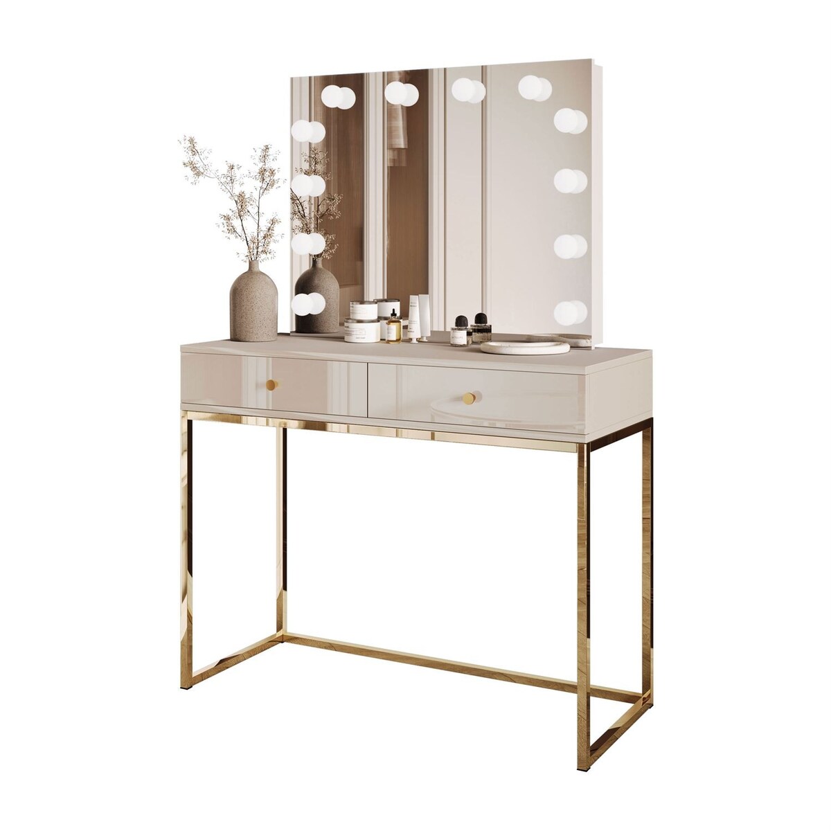 Toaletka kosmetyczna BLANCO KASZMIR ELITE z lustrem i oświetleniem złoty chrom, uchwyt złoty