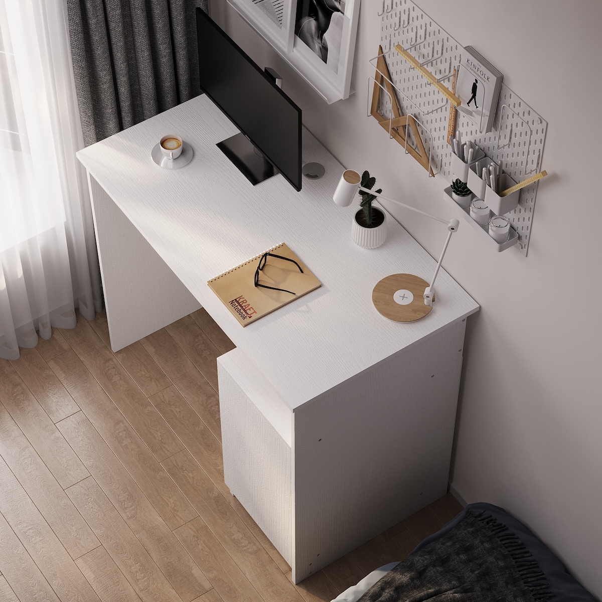 Nowoczesne biurko komputerowe z półką pod klawiaturę białe z szafką loft