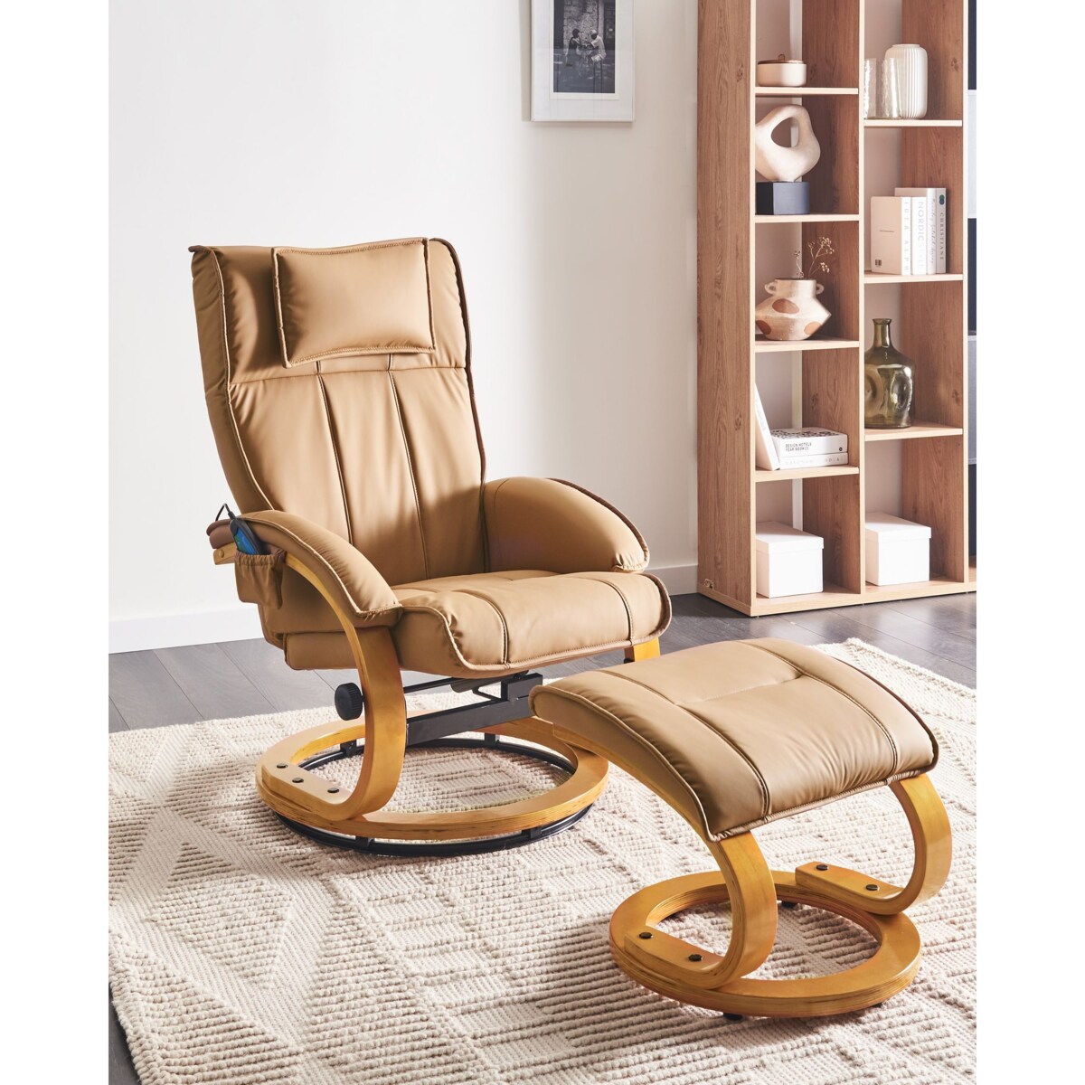 Fotel z masażem MAJESTIC Z podnóżkiem Ekoskóra Jasnobrązowy