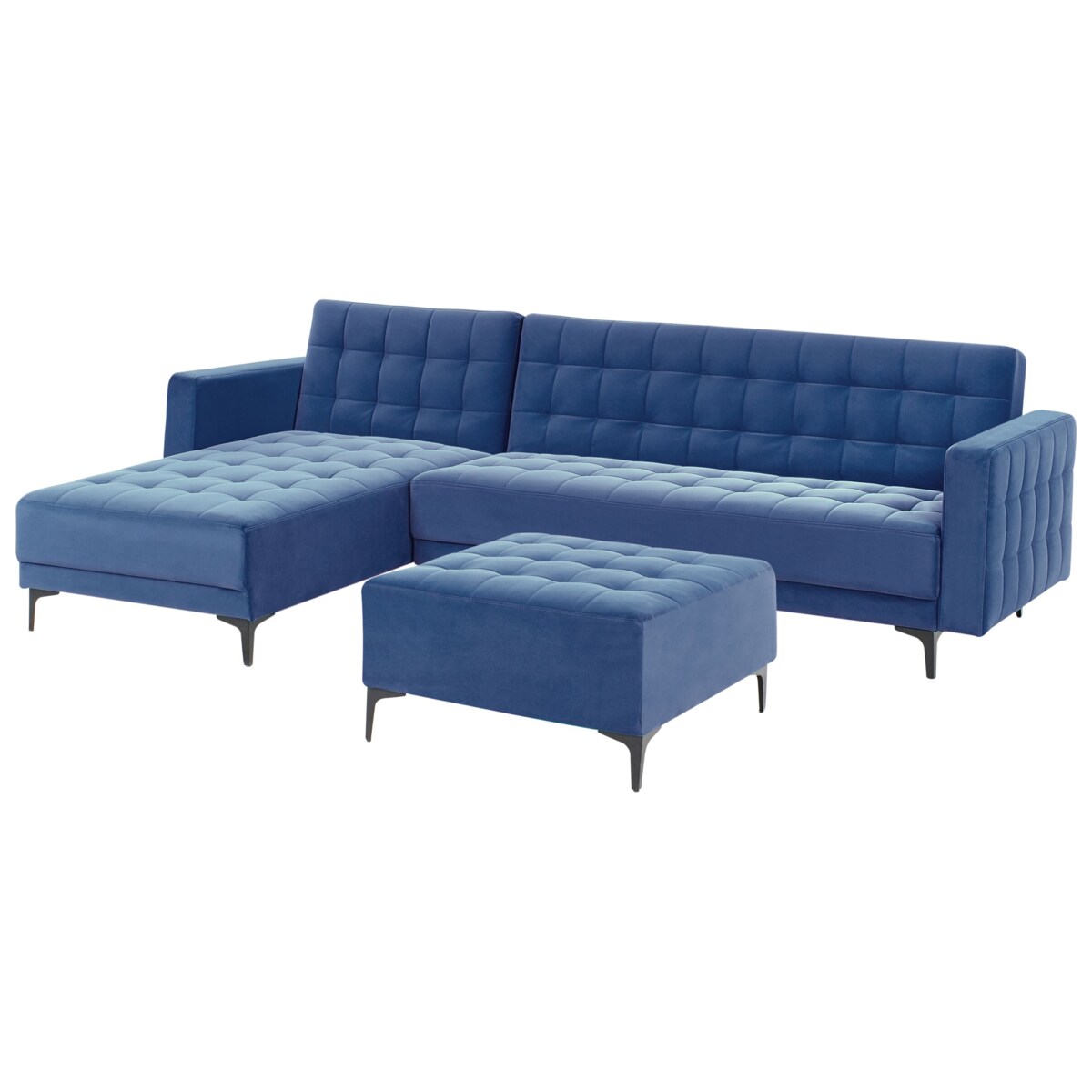 Sofa rozkładana prawostronna welurowa z otomaną niebieska ABERDEEN