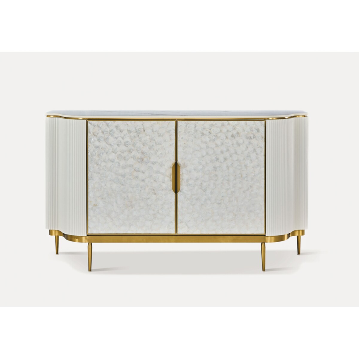 Komoda ryflowana jasno-złota Champion Glamour Premium z muszelkami 150x40x88