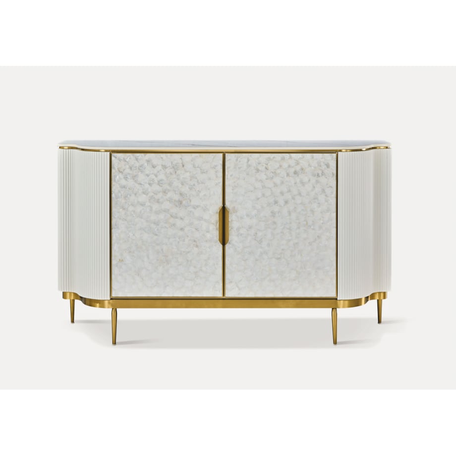 Komoda ryflowana jasno-złota Champion Glamour Premium z muszelkami 150x40x88