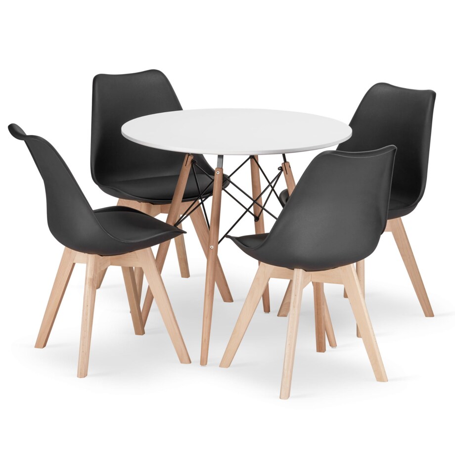 Zestaw Stół Do Jadalni Kuchni Salonu Biura Okrągły Todi 80 Cm Biały + 4 Krzesła Mark Czarne