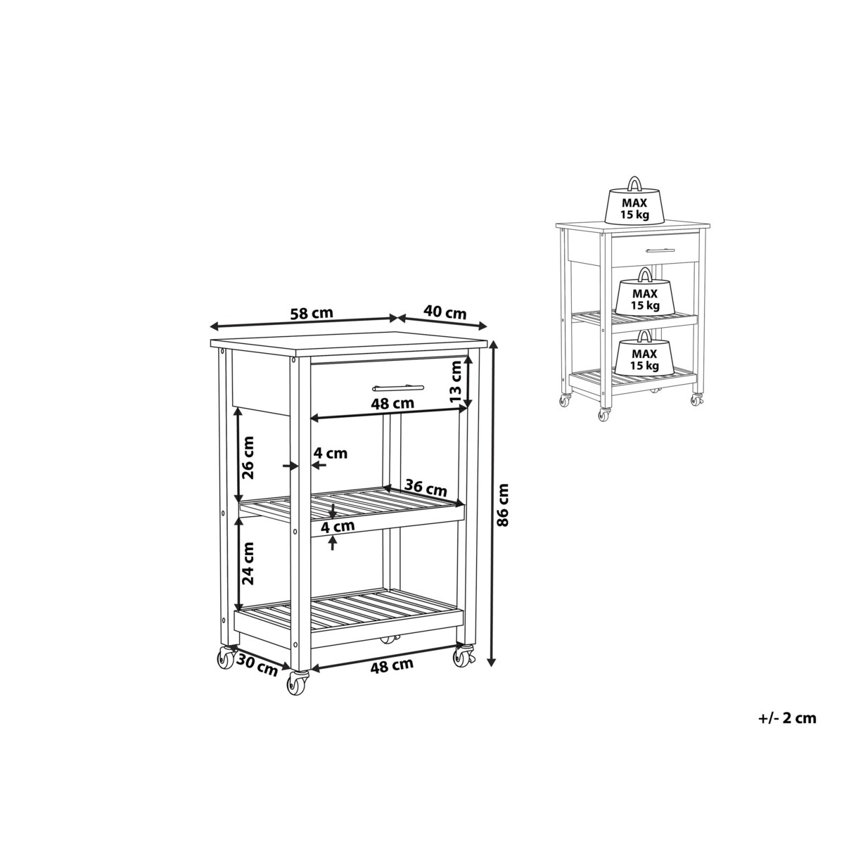 Drewniany wózek kuchenny z szufladą biały HIUMA