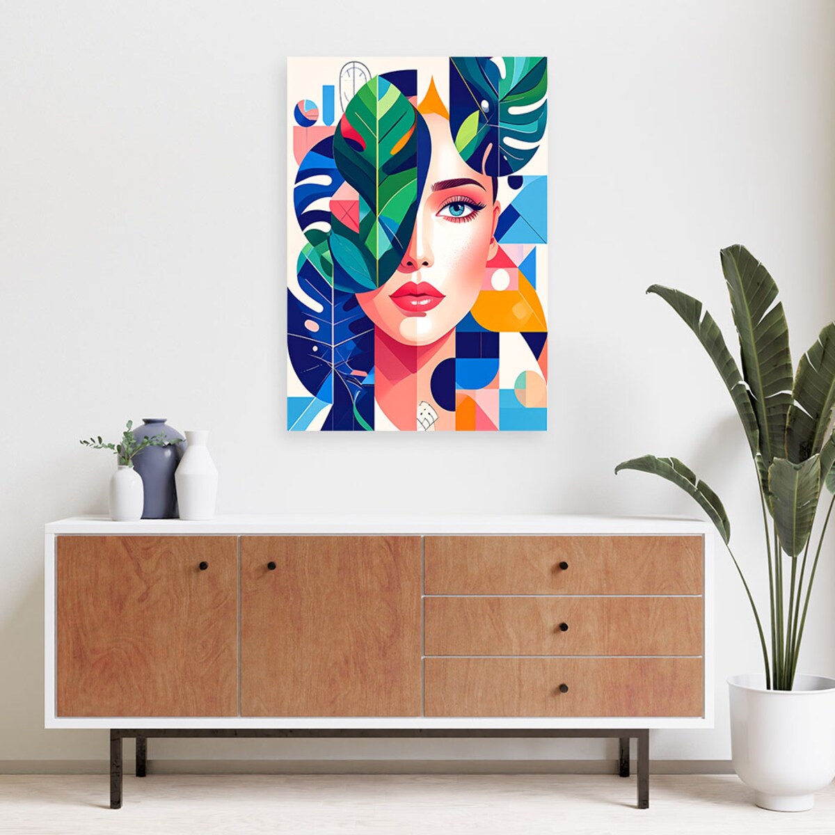 Obraz do salonu sypialni, Kobieta liście monstery w stylu Bauhaus 60x90