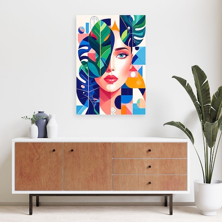 Obraz do salonu sypialni, Kobieta liście monstery w stylu Bauhaus 60x90