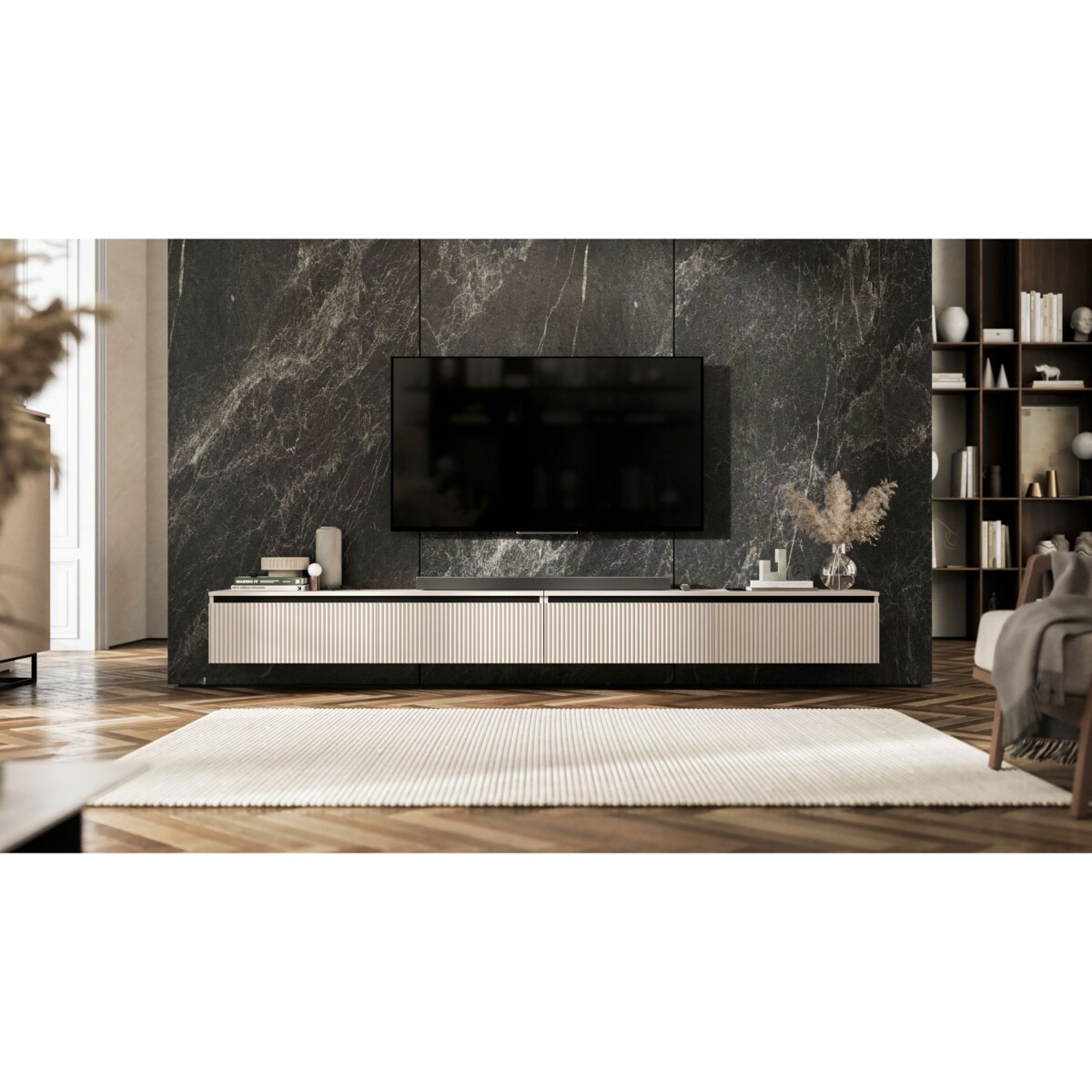 Wisząca Szafka RTV Glamour Komoda RTV Kaszmir 280 cm ryflowane fronty