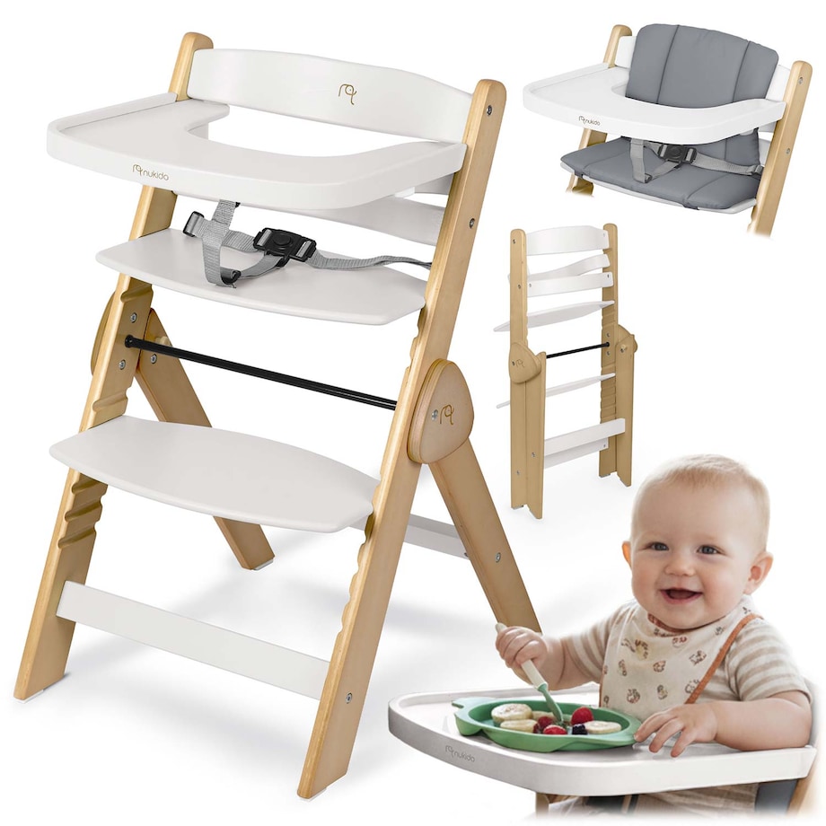 Drewniane krzesełko do karmienia Nukido składane regulowane pasy 702001