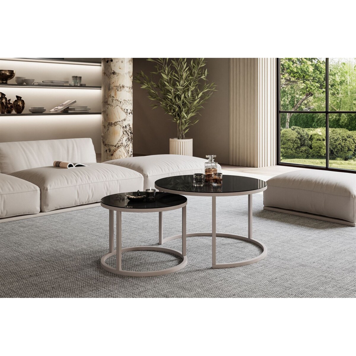 Okrągłe stoliki kawowe CIRI 2w1 kaszmir czarne szkło