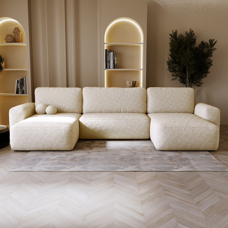 Narożnik U ILO z pojemnikiem na pościel i funkcja spania, śmietankowy