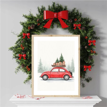 Poster Story, Plakat, Obraz - Czerwony Garbus na Tle Śniegu, wymiary 70 x 100 cm