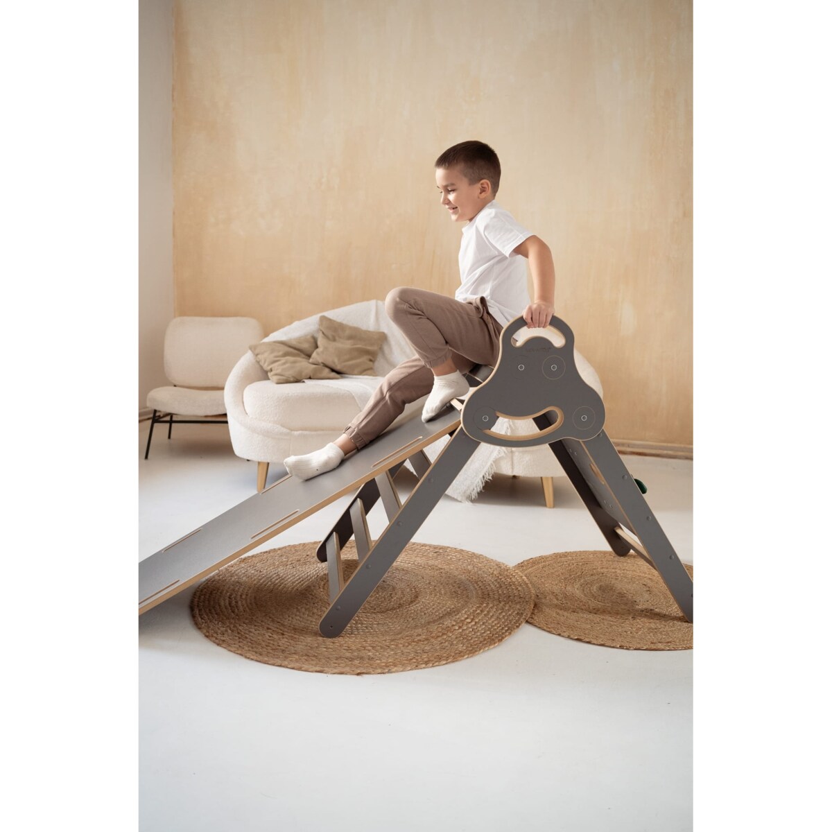 Drabinka Pikler ŚCIANKA WSPINACZKOWA + DUŻA zjeżdżalnia DRABINKA - szara