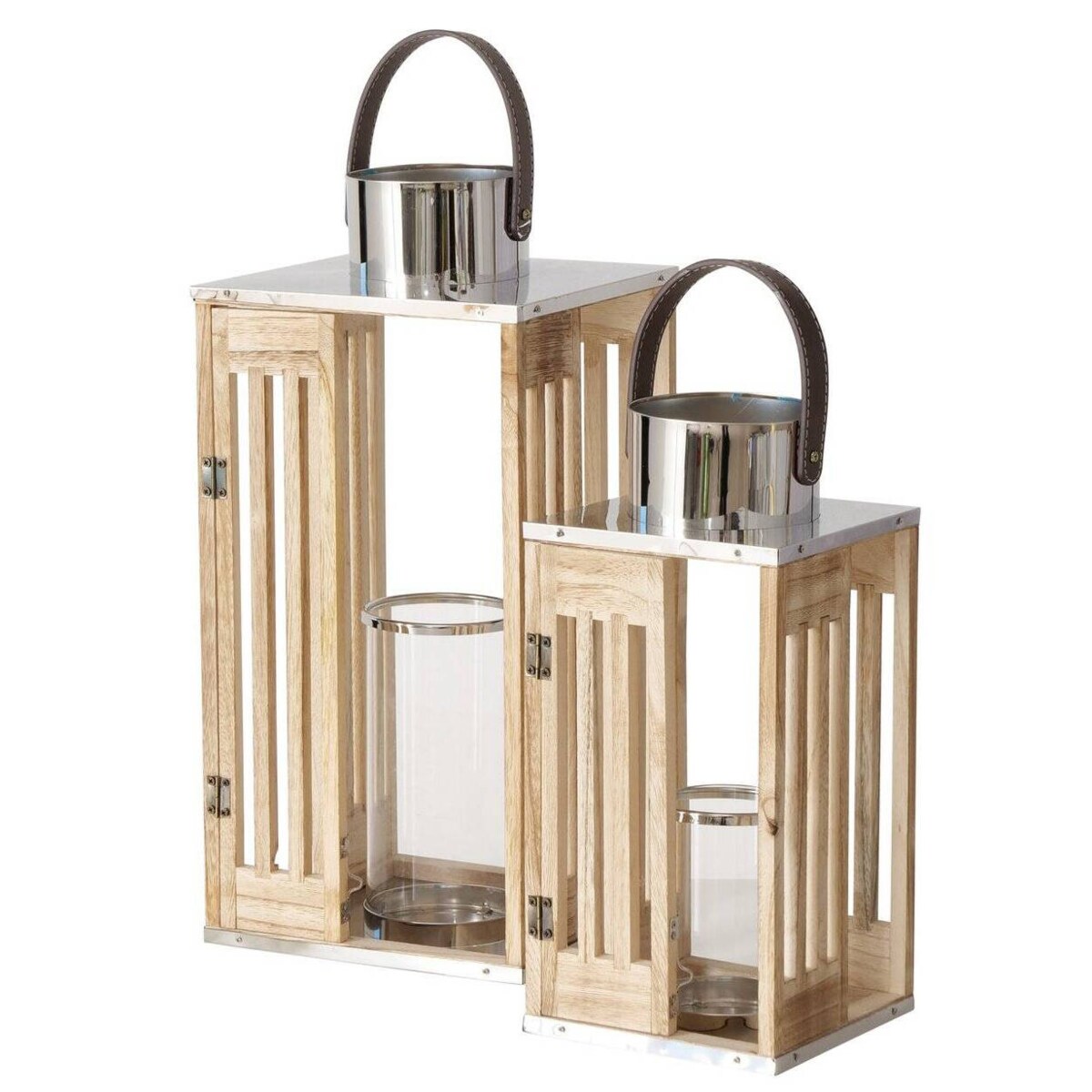 Lampion z drewna OCTAVIA, ze skórzanym uchwytem, 2 sztuki