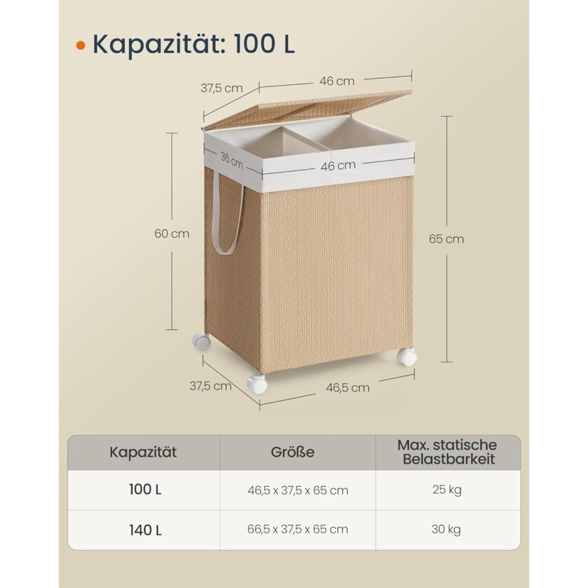 Kosz na pranie 2 komory Kosz na pranie 100 l Sorter na pranie na kółkach z pokrywą Worek na pranie z uchwytami Rattan do pr