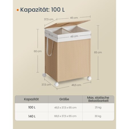 Kosz na pranie 2 komory Kosz na pranie 100 l Sorter na pranie na kółkach z pokrywą Worek na pranie z uchwytami Rattan do pr