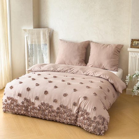 pościel "french roses" z aplikacją 3d róże wyszywane 200x220 | beżowy