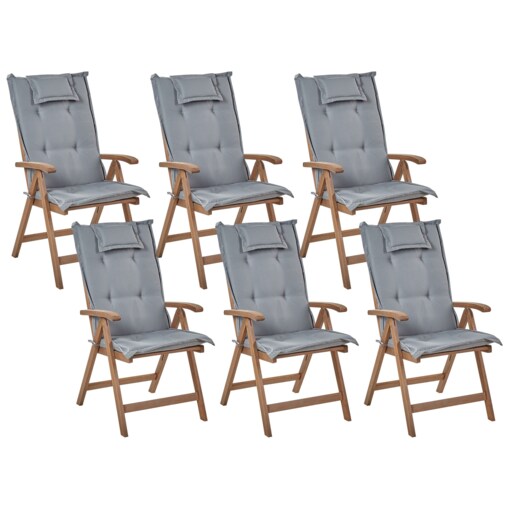 Zestaw 6 krzeseł ogrodowych drewno akacjowe z poduszkami szarymi AMANTEA