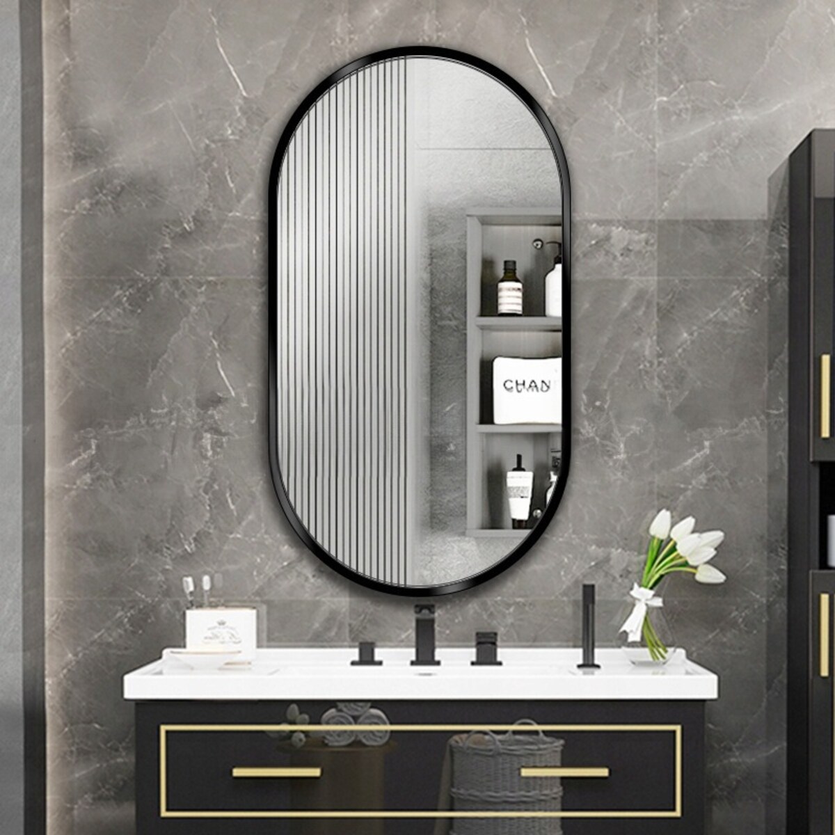 Duże lustro owalne industrialne łazienkowe salon sypialnia czarne 75x40 cm