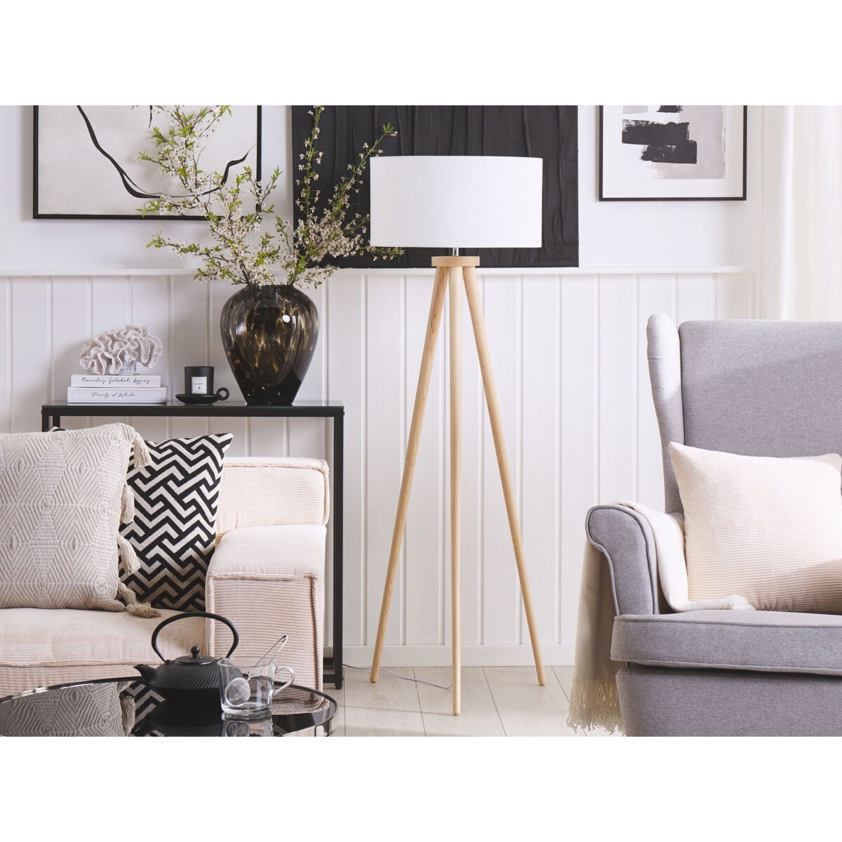 Lampa podłogowa drewniana biała NITRA