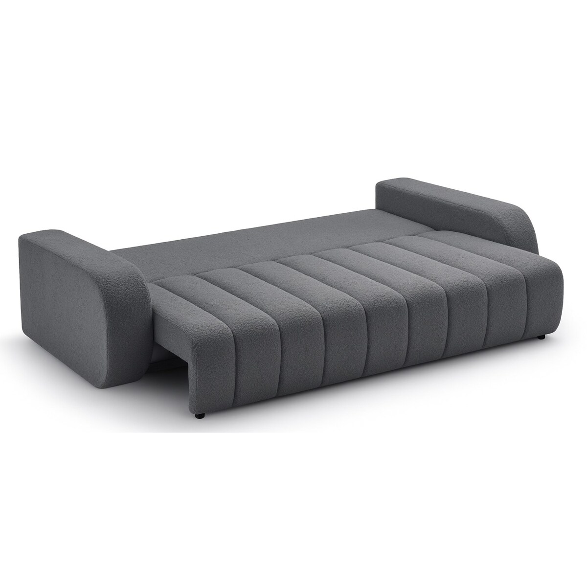 Sofa rozkładana ALOO obita tkaniną boucle z ozdobnymi poduszkami szara