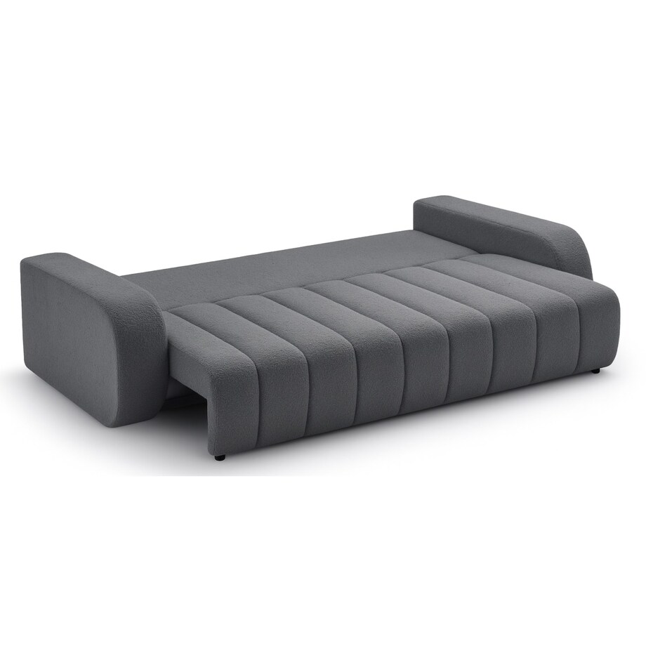 Sofa rozkładana ALOO obita tkaniną boucle z ozdobnymi poduszkami szara