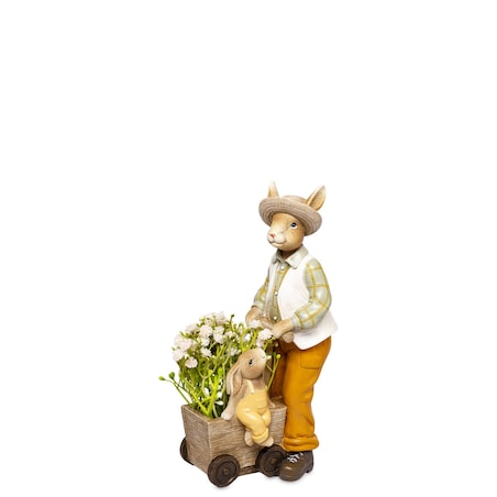 Dekoracja - królik OGRODNIK z taczką i kwiatami 13,5x12x7 cm