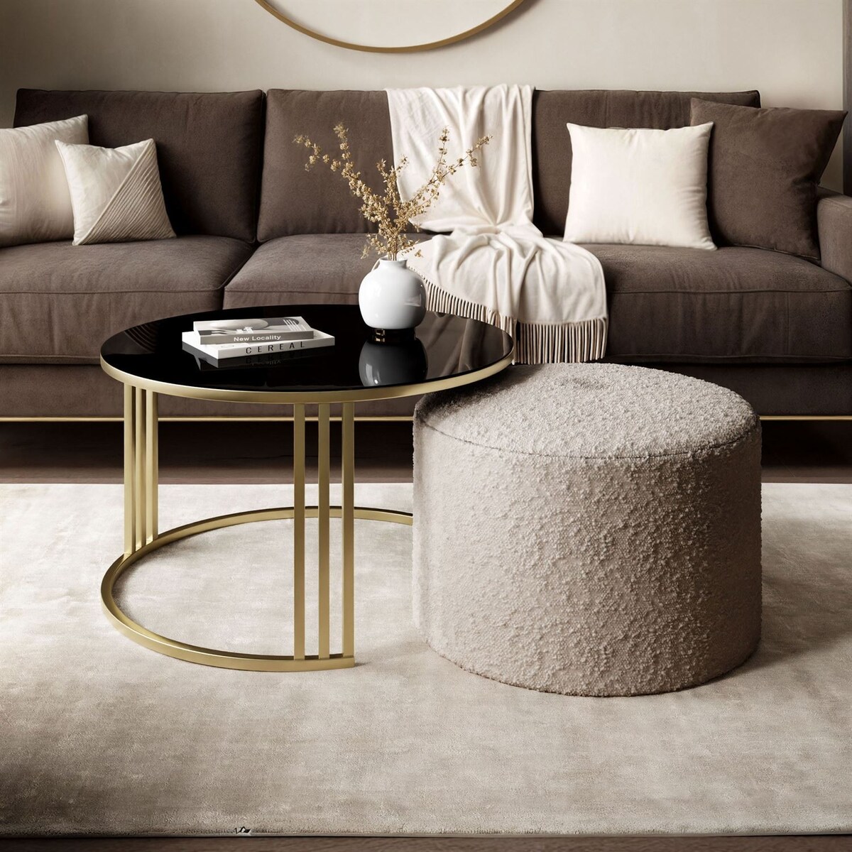 Stolik kawowy z pufą LORI GLASS złoto szczotkowane, czarne szkło / Coral 50