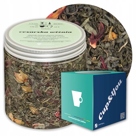 Herbata zielona CESARSKA WIŚNIA o delikatnie wiśniowym smaku z nutą nugatu - herbata liściasta sypana mieszanka napar susz - gotowa na prezent upominek