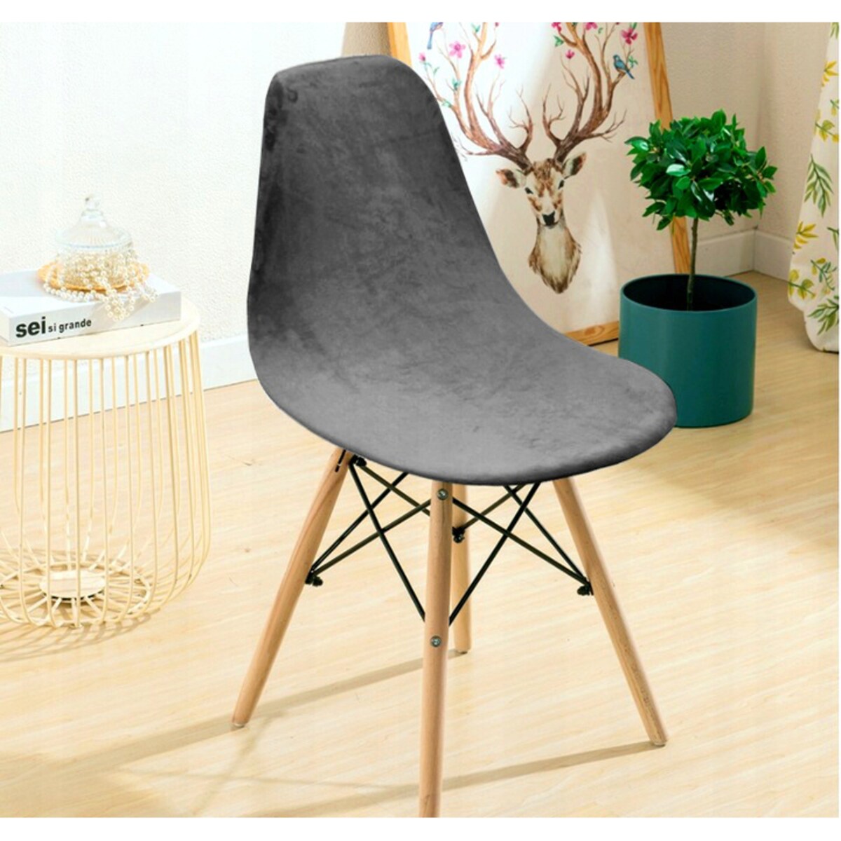 POKROWIEC NA KRZESŁO SKANDYNAWSKIE SZARY WELUR ELASTYCZNY [21EA]