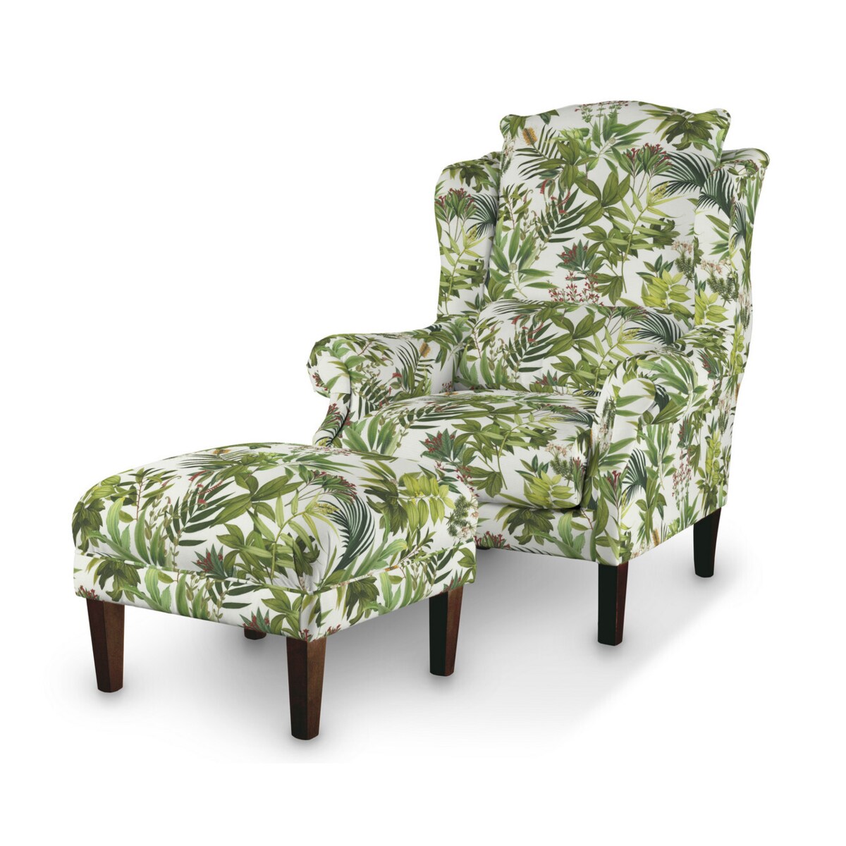 Podnóżek do fotela, zielono-czerwona roślinność na białym tle, 56 x 56 x 40 cm, Flowers