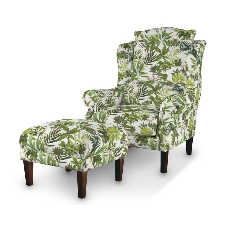 Podnóżek do fotela, zielono-czerwona roślinność na białym tle, 56 x 56 x 40 cm, Flowers