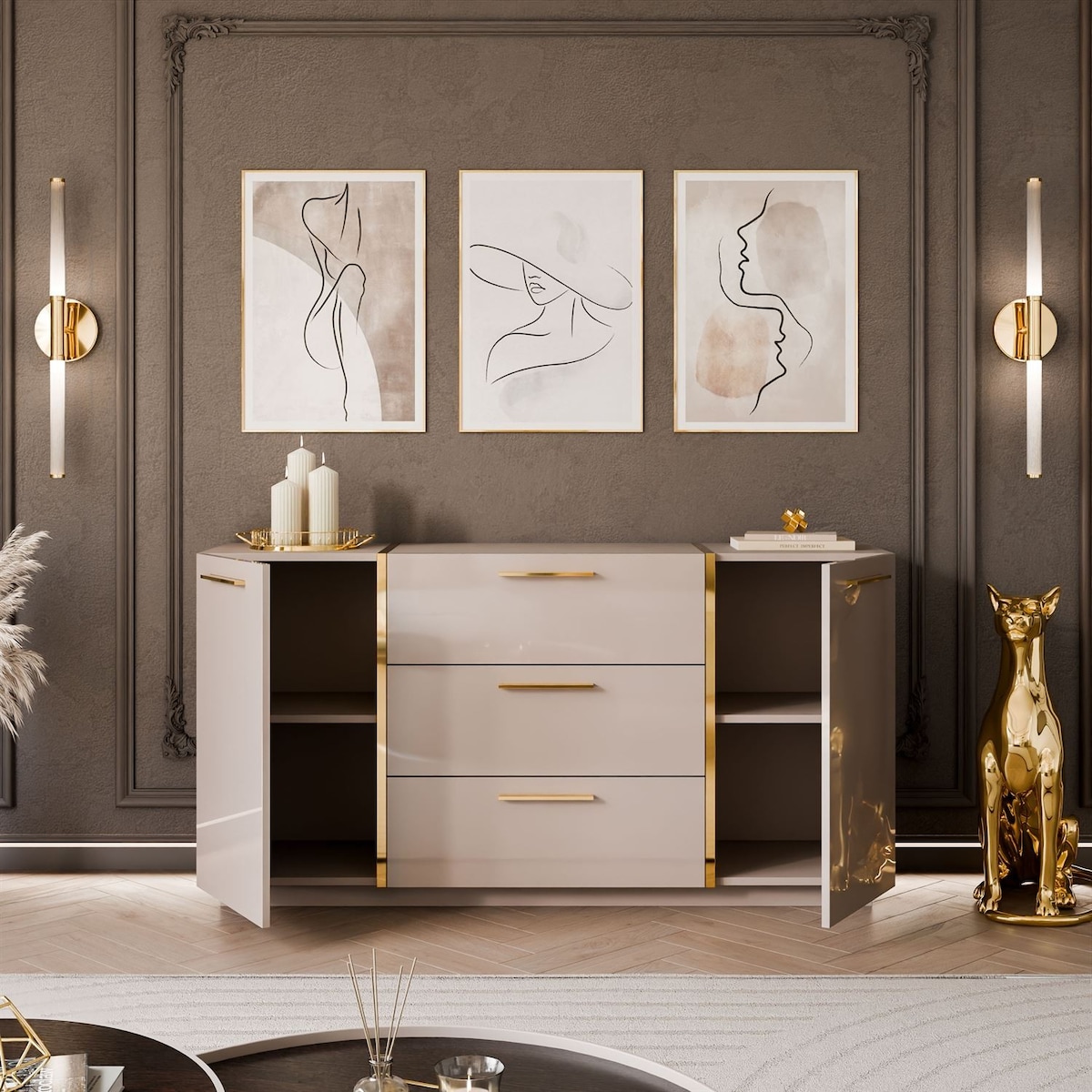 Komoda ONYX kaszmir połysk cokół 158 cm uchwyty