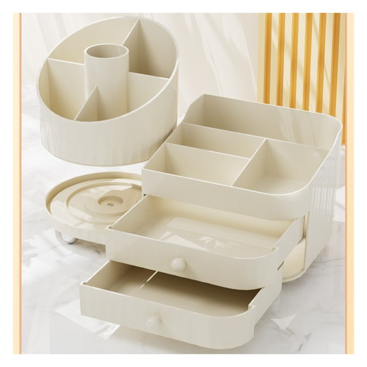 Organizer na pędzle, kosmetyki, obrotowy z szufladkami, kremowy 31 x 14,5 x 11,6 cm CB66