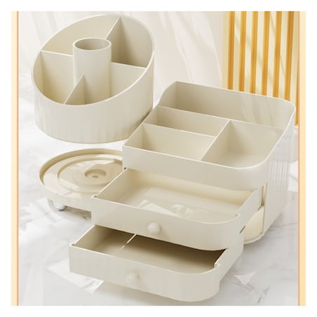 Organizer na pędzle, kosmetyki, obrotowy z szufladkami, kremowy 31 x 14,5 x 11,6 cm CB66