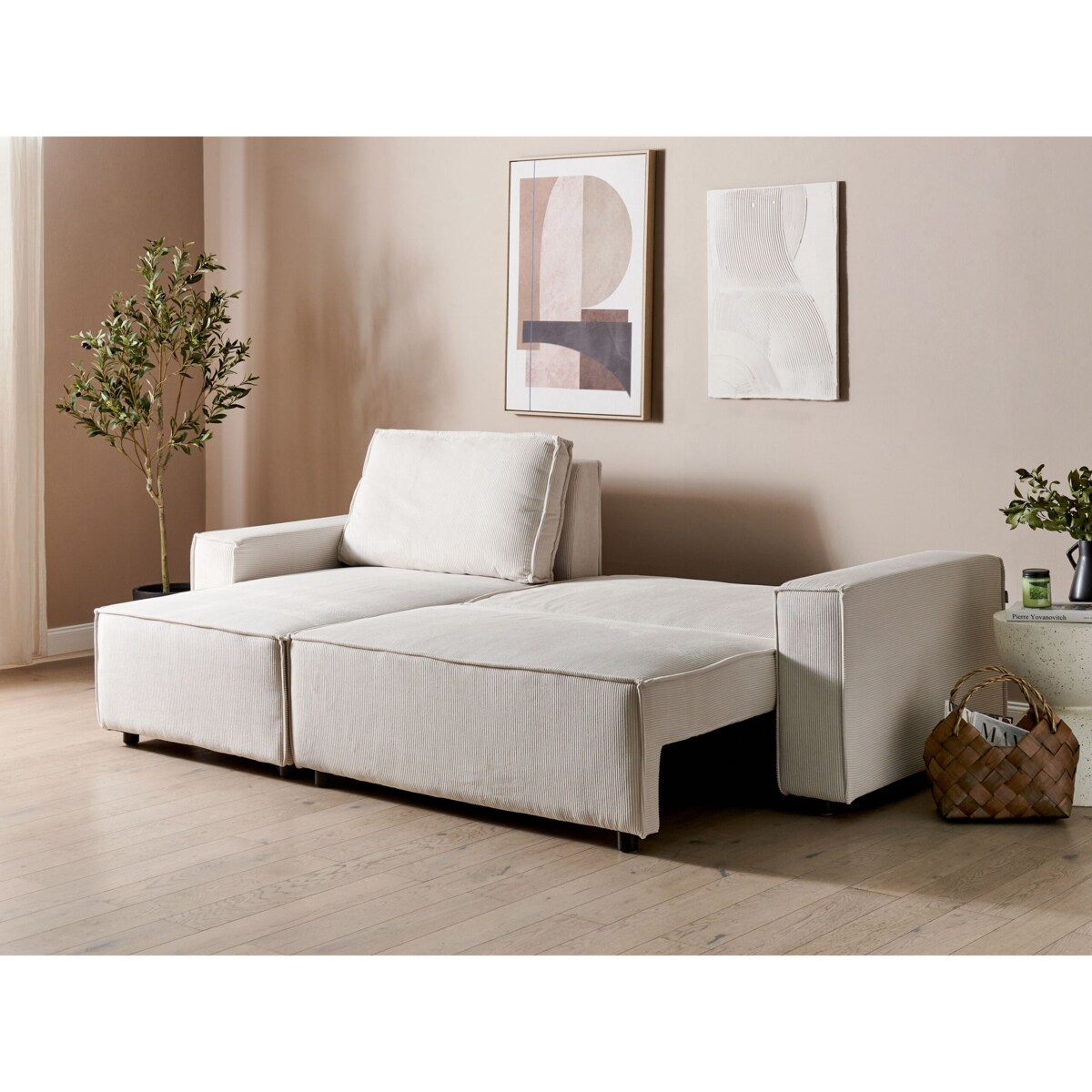 Narożnik prawostronny rozkładany sztruksowy złamana biel ABACKA