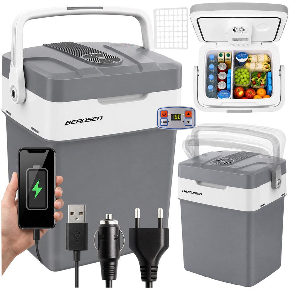 Lodówka turystyczna samochodowa Berdsen 29L 12V/230V USB funkcja grzania