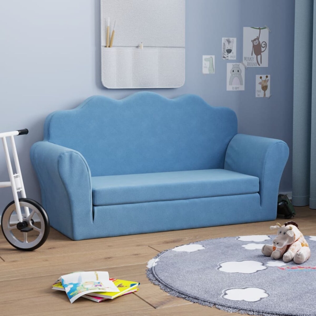 vidaXL 2-os. sofa dla dzieci, rozkładana, niebieska, miękki plusz