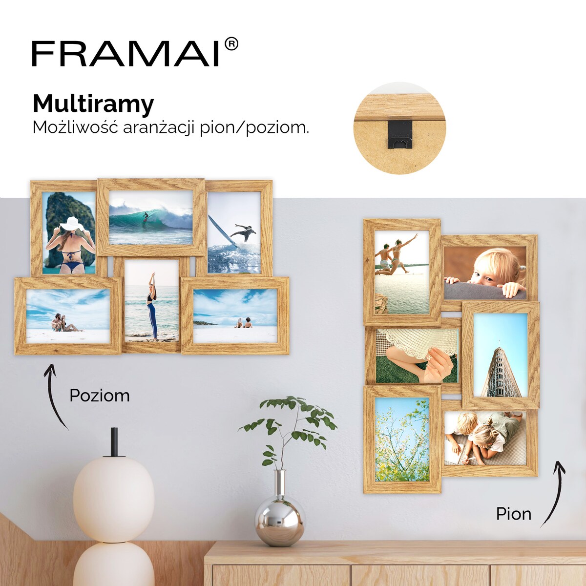 Multirama ramka na zdjęcia 6 zdjęć. W kolorze dębowym multirama na sześć zdjęć 10x15 cm Ramka na zdjęcia 6 w 1 MULTI HEN 01 FRAMAI