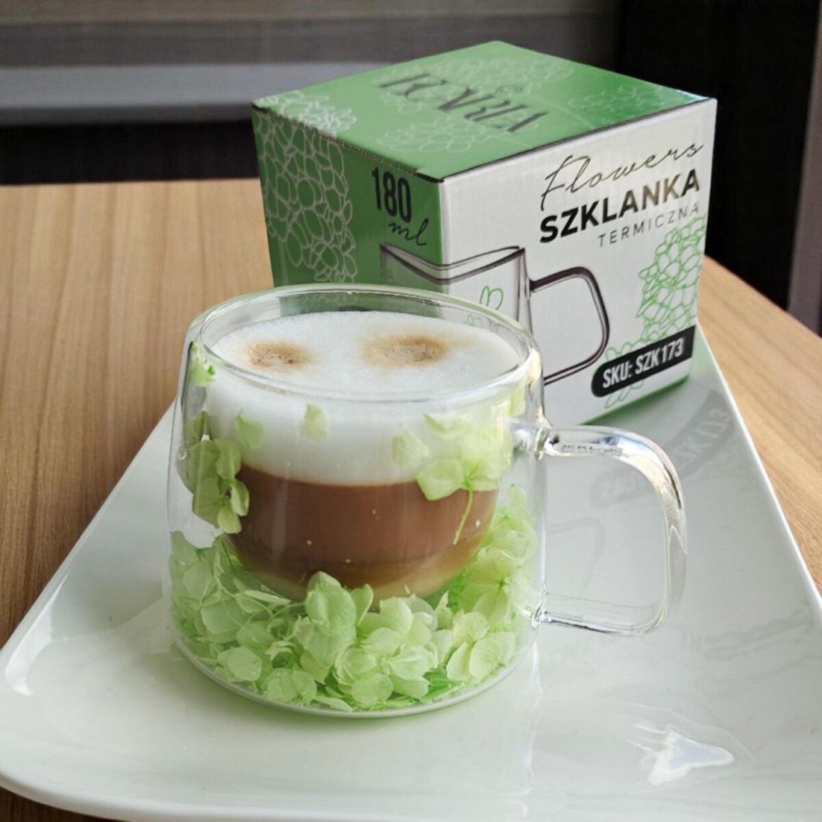 Szklanka termiczna z hortensją w środku, zielona 180 ml 1szt SZK173