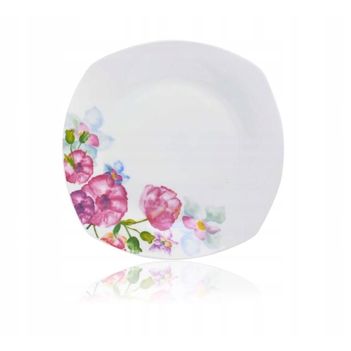 TALERZE OBIADOWE KOMPLET dla 6 osób W KWIATY KWADRATOWE białe serwis