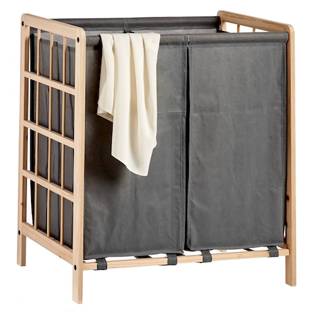 Kosz do szafy dwukomorowy, drewno + tkanina