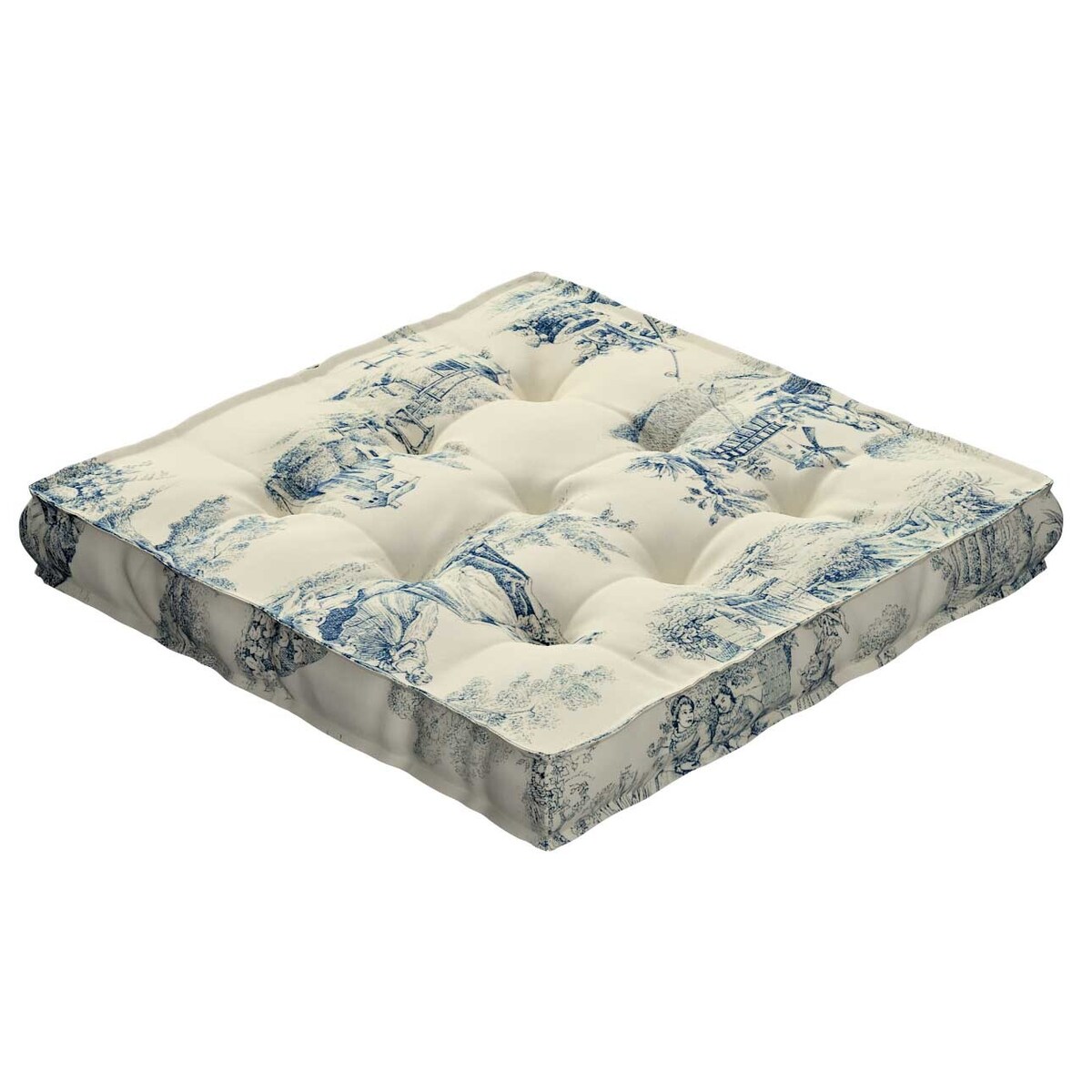 Poduszka na krzesło Kuba, scenki rodzajowe w kolorze niebieskim na tle ecru, 50 x 50 x 10 cm, Avinon