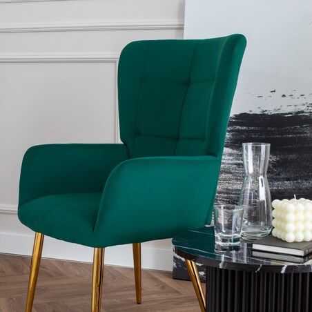 Fotel uszak do salonu wypoczynkowy welurowy tapicerowany zielony złote nogi