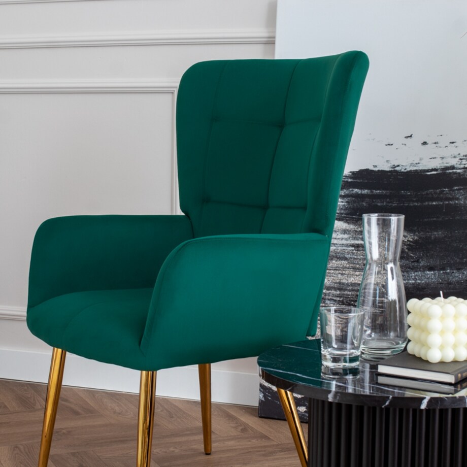 Fotel uszak do salonu wypoczynkowy welurowy tapicerowany zielony złote nogi